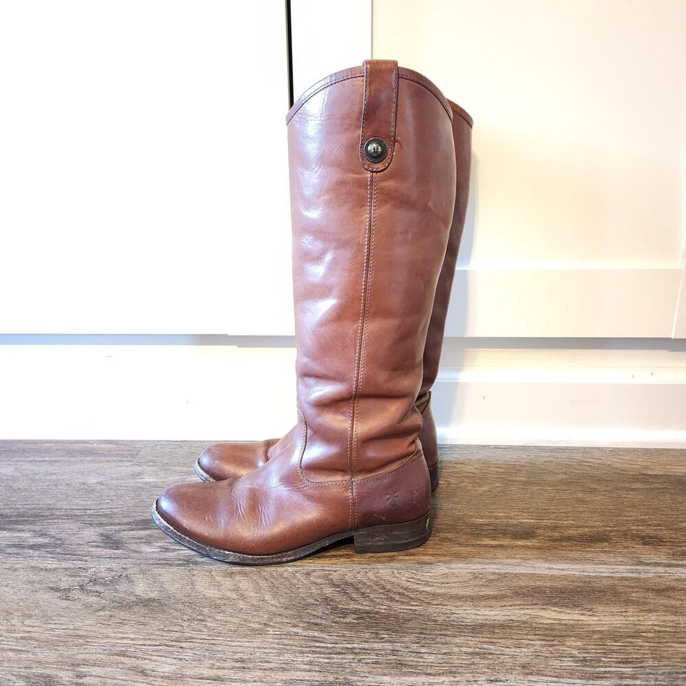 FRYE Melissa Button Tall Leather Boots Cognac Brown Riding Boot Sz 7